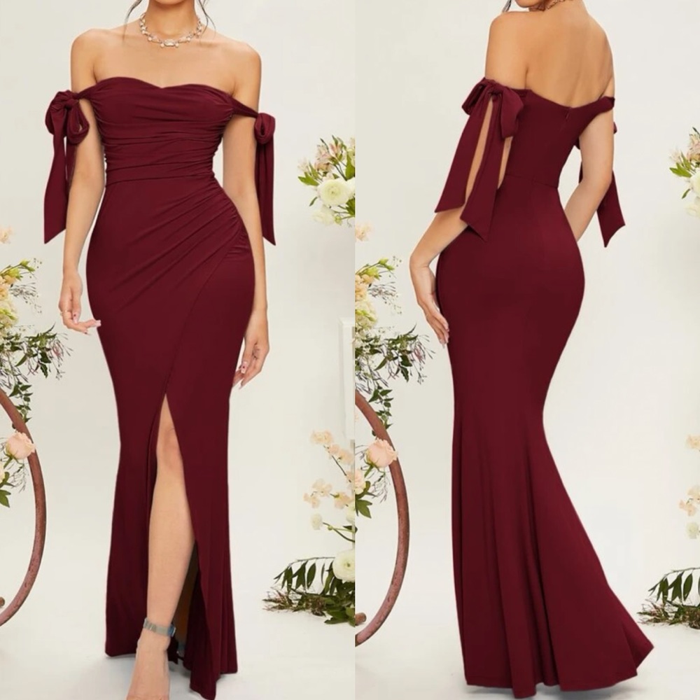Burgundy off shoulder party formal bridesmaids prom dress